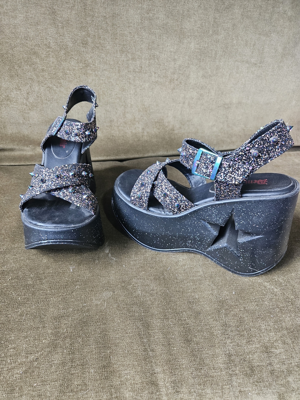 Demonia Dynamite Sandals - Black Glitter Platform Sandals with Studs - Womens 10 - Picture 10 of 11